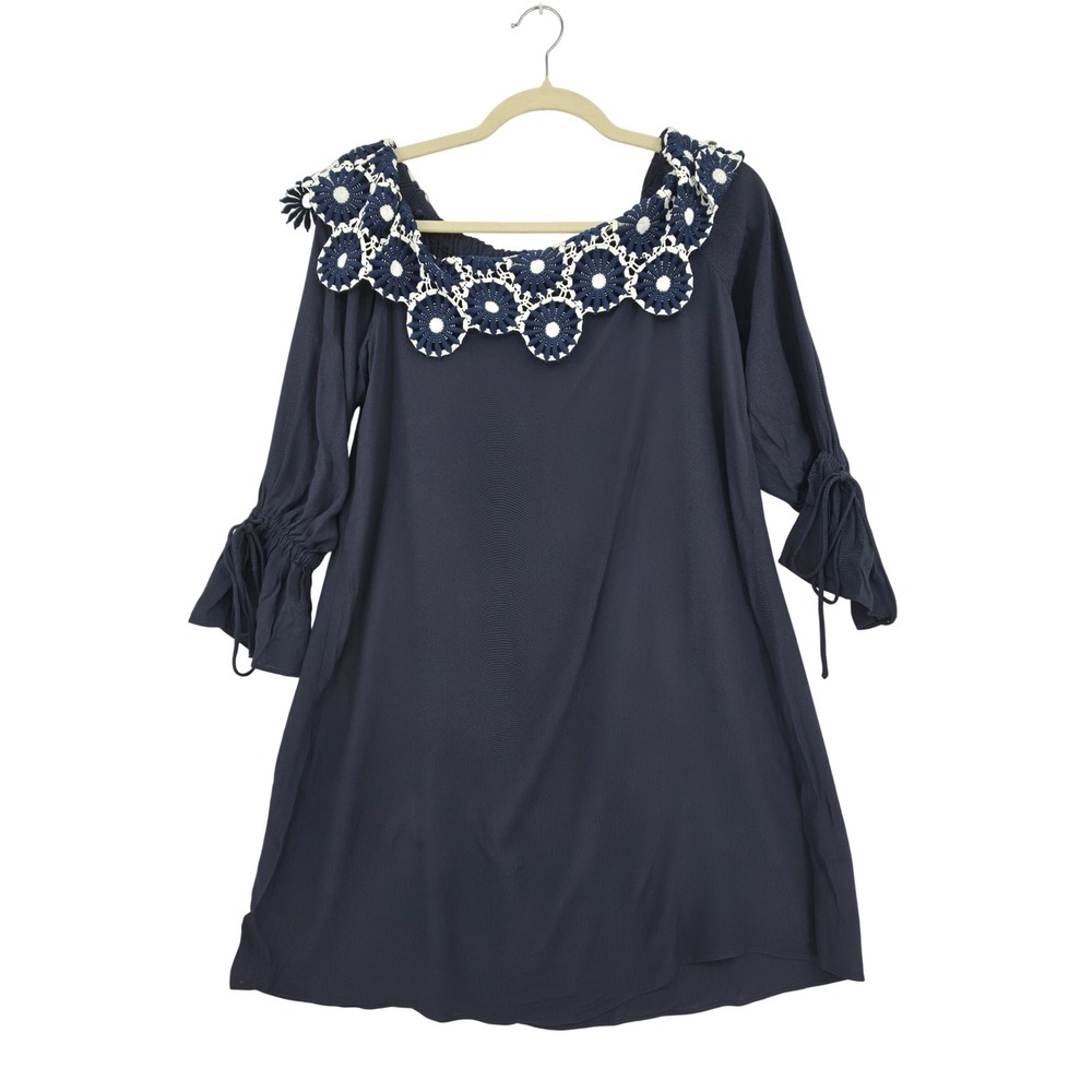 LOFT Navy Blue Crochet Floral Neckline Shift Dress XS Rayon Tie Sleeve Boho